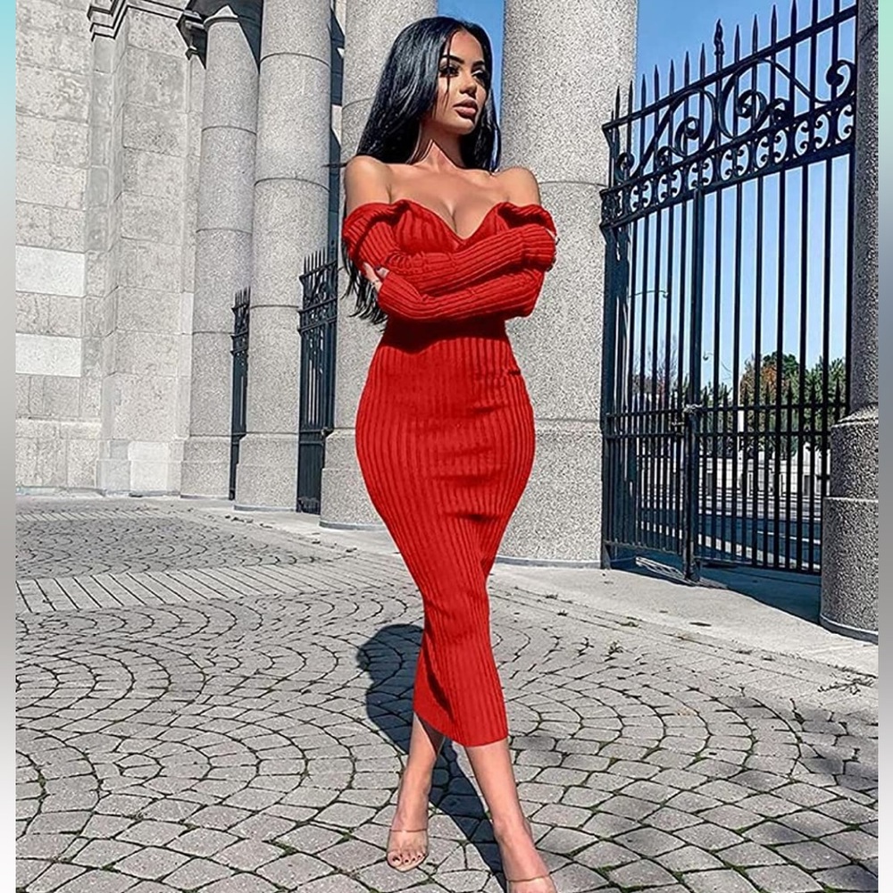 💕 RED Women's Sexy Long Sleeve Off Shoulder Knit Bodycon Long Dress *NEW*